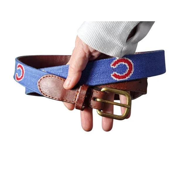 Smathers & Branson Cubs Hand-Stitched Needlepoint Leather Belt Blue Size 44 Men - Picture 2 of 13